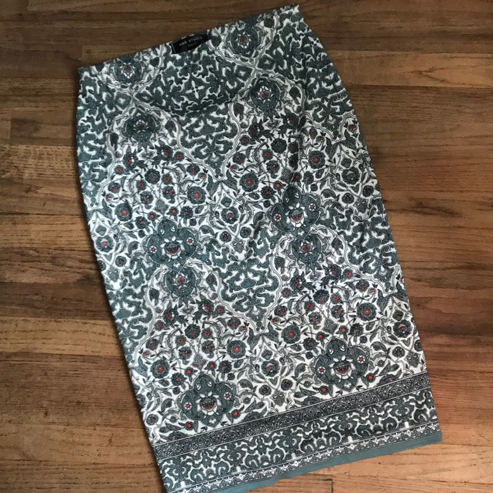 Patterned Pencil Skirt in Teal and Ivory